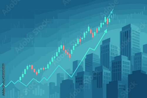 Stock market trading graph with candlestick chart on blue background. Financial investment and economy growth concept. Business success with abstract city skyscrapers vector.