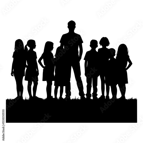 Silhouette of Children and Adult: Group of Kids Standing Together, Black and White Vector Illustration, Education, Family, Community Art