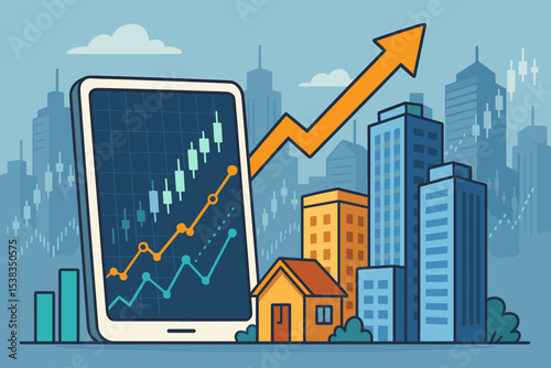Real estate investment concept. Property market growth with financial chart on tablet. Cityscape background with skyscrapers. Stock trading success and financial analysis arrow up.