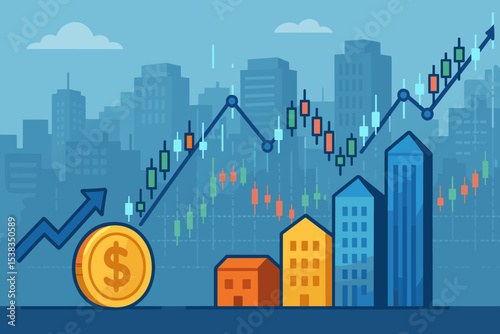 Real estate investment and stock market growth. Financial trading graph with candlestick chart over a city skyline. Concept of urban property development, profit, and economic success.