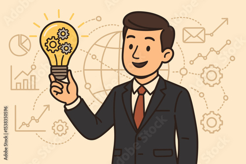 Businessman holding a lightbulb with gears, a concept for innovative ideas, business strategy, and creative solutions. Workflow optimization, corporate development, and analytics for success.