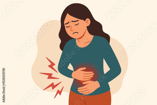 Unwell woman with stomach ache, clutching her abdomen. Concept of period pain, menstruation, PMS, cramps, indigestion, gastritis, bloating, or food poisoning. Health problem vector.