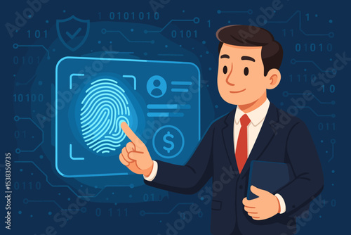 Cybersecurity concept with a businessman using a biometric fingerprint for secure digital authentication. Data protection, online banking, and financial technology on a futuristic interface.