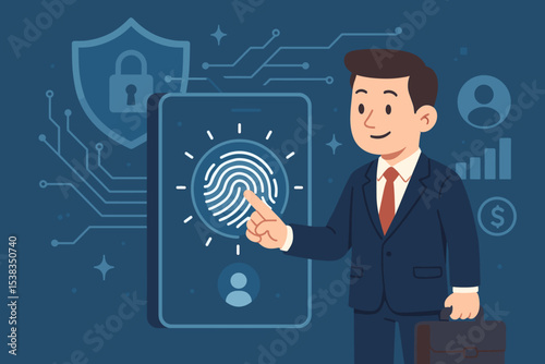 Biometric security innovation with businessman using fingerprint scanner on a smartphone. Cybersecurity concept for data protection, secure login, and financial technology access.