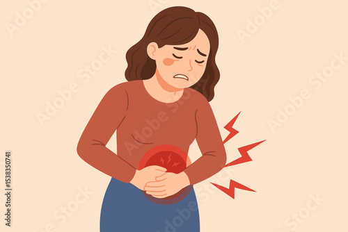 Woman suffering from stomach ache concept. Unhappy girl holding belly feeling abdominal pain, menstrual cramps, pms, gastritis, indigestion, or diarrhea. Health problem vector.