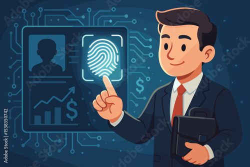 Businessman using biometric fingerprint scanner for secure access to financial data. Fintech innovation concept for identity verification, authentication, and business growth.