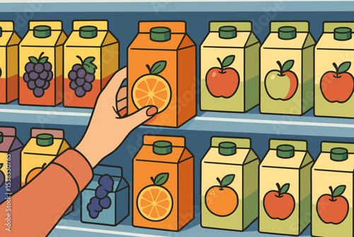 Hand choosing orange juice from a supermarket shelf. Customer buying a fresh fruit drink in a grocery store. Consumer choice and retail shopping concept vector illustration.