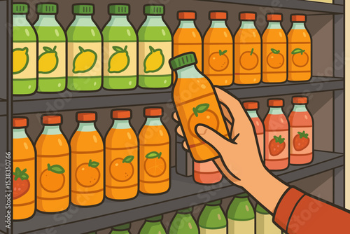 Customer hand picking a bottle of orange juice from a supermarket shelf. Vector illustration of grocery shopping. Person choosing a healthy beverage in a retail store aisle.