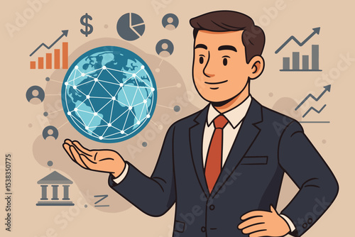 Businessman with global network. International business, finance, and investment concept. World economy, data analysis, and corporate growth strategy with charts and graphs.
