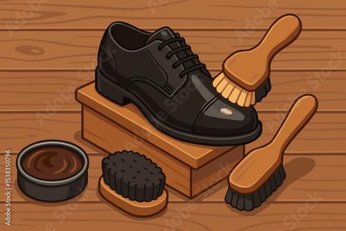 Shoe care kit illustration with a classic leather shoe. Shoeshine concept with polish, wax, and brushes for cleaning, shining, and maintenance. Men's grooming and footwear care.