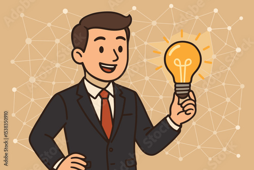 Businessman gets a brilliant idea. Happy entrepreneur character holding a glowing lightbulb. Concept of innovation, creativity, inspiration, problem solving, and business strategy.