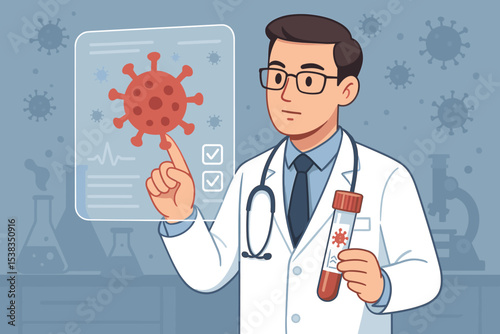 Medical research concept. Doctor or scientist analyzing virus molecule on a futuristic screen. Man in lab coat holding blood test tube. Virology, healthcare and technology.