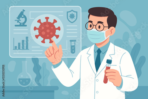 Doctor analyzing coronavirus data on a screen. Scientist in lab with blood test tube researching pandemic. Medical concept for virology, vaccine development, and healthcare tech.