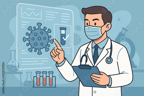 Doctor in face mask analyzing virus data on a futuristic screen. Scientist in a lab studying test results. Concept for medical research, virology, pandemic, healthcare, and diagnosis.
