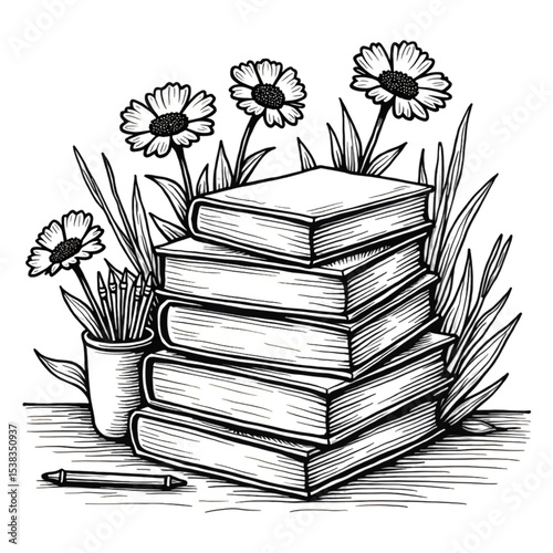 Stack of Books with Flowers & Pencil: Black and White Line Art Illustration for Coloring Pages, Education, and Book Lovers