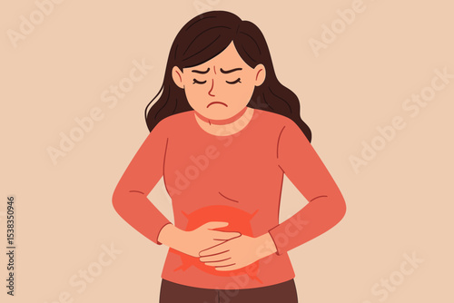 Woman suffering from severe stomach ache. Girl with menstruation period pain or pms cramps. Concept of indigestion, gastritis, bloating, food poisoning. Health problem concept vector.
