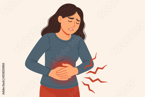 Woman suffering from stomach ache, holding her painful belly. Unhappy girl with period cramps, menstrual pain, PMS symptoms or food poisoning. Digestive problems, gastritis concept.