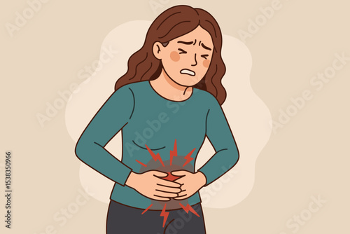 Woman suffering from severe stomach pain, holding her belly. Unwell character with abdominal cramps. Concept of period pain, PMS, gastritis, indigestion, or food poisoning.