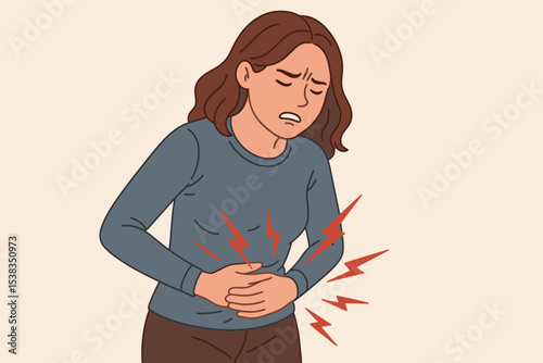 Woman suffering from stomach ache, clutching her abdomen. Concept for menstrual period pain, cramps, gastritis, indigestion, or food poisoning. Unwell female health problem.
