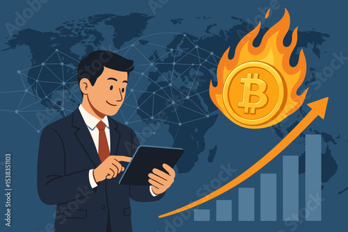 Businessman analyzing Bitcoin price on tablet. Cryptocurrency investment and business growth concept. Financial technology, blockchain, trading, global digital currency market. Hot crypto.