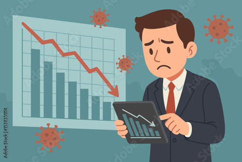 Economic crisis due to coronavirus pandemic. Sad businessman analyzes stock market crash graph. Financial recession and investment loss. Business failure concept. Downturn chart.