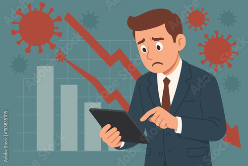 Economic crisis caused by coronavirus pandemic. Stressed businessman analyzing stock market crash on tablet. Financial chart with red arrow down. Concept of recession and business failure.