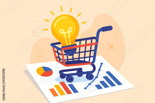 Business idea concept. Light bulb in a shopping cart on a paper with data analysis charts. Market research, consumer behavior analysis, product innovation, and statistics.