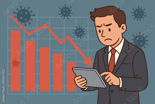 Economic crisis due to coronavirus pandemic. Worried businessman analyzing financial chart showing recession. Stock market crash concept. Finance graph with falling arrow.