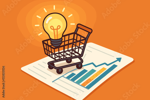 Business idea for sales growth concept. Lightbulb in shopping cart on a financial report with an upward graph. Marketing strategy for e-commerce, investment and profit.