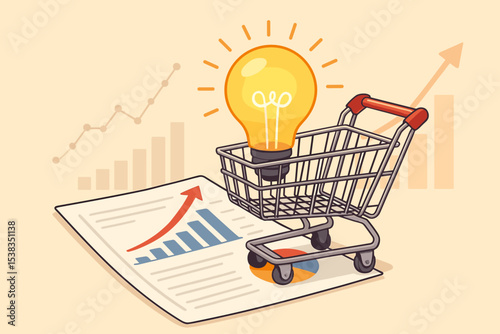 Business growth and success concept. Shopping cart with a lightbulb representing an idea on a financial report with a rising graph. Market analysis, investment, and innovation strategy.