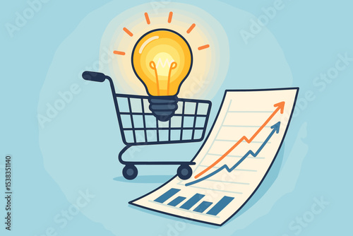 Innovative shopping strategy concept with a lightbulb idea in a cart and a growth chart. Business marketing success, sales analytics, and retail profit growth vector illustration.
