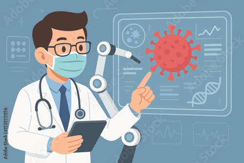 Doctor with mask analyzing coronavirus data on futuristic screen. Scientist researching virus, DNA, and pandemic test results. Medical technology, robotics, and healthcare innovation.