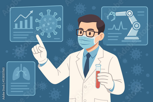 Doctor scientist analyzing virus data on futuristic screen. Virologist researching pandemic, holding blood test tube. Concept for medical research, vaccine development, and healthcare.