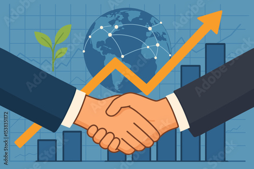 Global business collaboration concept. Handshake symbolizing a successful partnership and international deal. Financial chart with growth arrow, globe network, and green sprout for ESG.