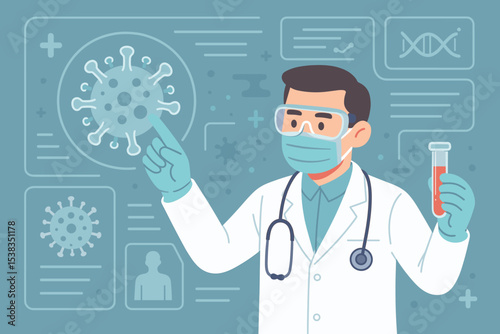 Doctor scientist analyzing virus data on a futuristic screen. Virologist holding blood test tube for diagnostics. Concept for medical research, pandemic, healthcare technology, and dna analysis.