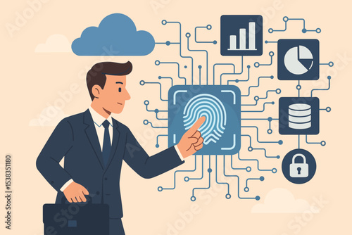 Biometric authentication concept. Businessman touching fingerprint scanner for digital identity verification, cybersecurity, data protection and secure cloud network access.