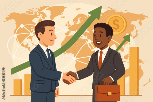 Global business collaboration. Diverse businessmen shaking hands. International partnership, financial growth, and economic success. Vector illustration with world map and growth chart.