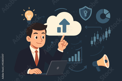Businessman with laptop pointing to cloud computing icon. Concept of data upload, storage, network security, analytics, innovation, financial growth, and digital marketing.