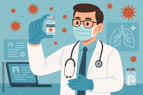Scientist doctor in mask holds vaccine vial. Concept of medical research, breakthrough, discovery, cure for coronavirus. Healthcare, immunization, vaccination against covid pandemic.