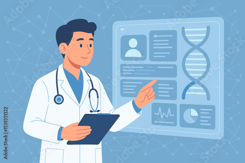 Male doctor character analyzing patient data on a digital screen. Electronic health records, DNA research, genetic testing. Concept for healthcare technology, telemedicine, and science innovation.