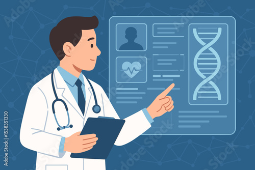 Doctor analyzing digital medical record. Futuristic healthcare technology concept. Man scientist pointing at patient data screen with DNA helix, heart icon. Genetic research innovation.