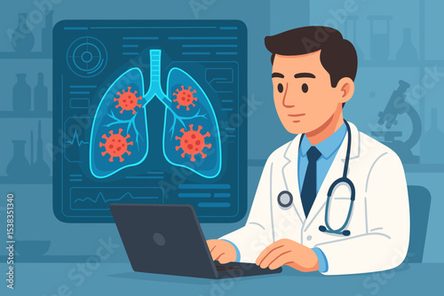 Doctor analyzing lung scan with virus infection on computer. Pulmonologist researching respiratory disease. Healthcare technology, telemedicine, and medical diagnosis vector concept.