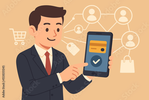 Mobile payment and e-commerce vector illustration. Businessman holding smartphone with successful transaction. Online shopping, digital wallet, fintech, and customer network concept.