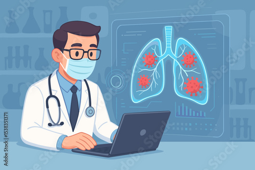 Doctor in mask uses laptop for virtual lung diagnosis. Pulmonologist analyzing respiratory disease, virus infection, pneumonia on futuristic screen. Medical technology, healthcare.