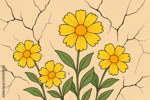 Yellow flowers growing from cracked wall. Concept of resilience, hope, and new life. Vector illustration of daisies or sunflowers on a grunge, dry earth background. Vintage style.