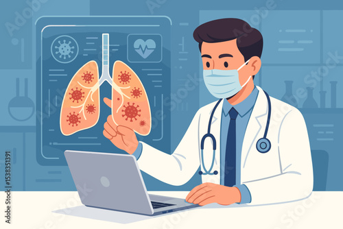 Doctor with mask analyzing virtual lungs infected with coronavirus on a futuristic screen. Pulmonology and respiratory disease diagnosis concept. Medical technology, telemedicine, healthcare.