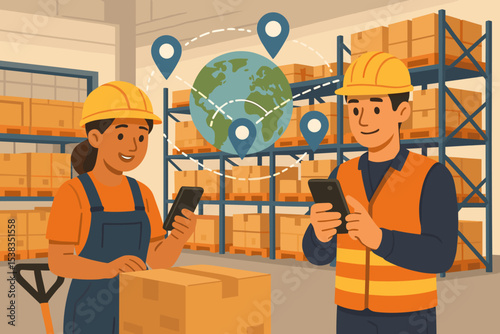 Smart logistics and global supply chain management concept. Warehouse workers using phones for inventory tracking. International distribution and shipping network illustration.