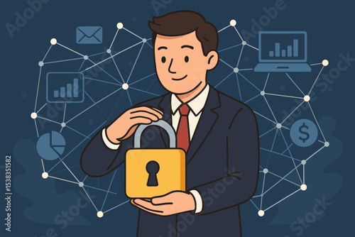 Businessman holding a padlock, a concept for cybersecurity and data protection. Secure digital network, financial assets, and business information. Technology and internet safety.