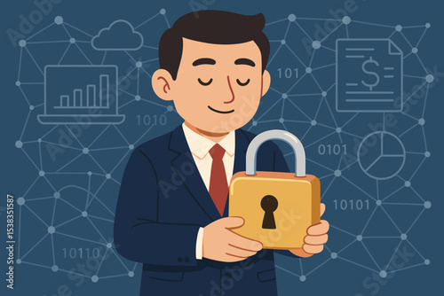 Businessman holding padlock for cybersecurity. Concept of digital data protection, financial security, and information privacy. Network safety for business and cloud computing.