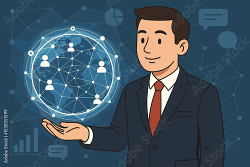 Global business connection concept. Businessman holding world network hologram. International communication technology, social media management, data analysis, and corporate strategy.